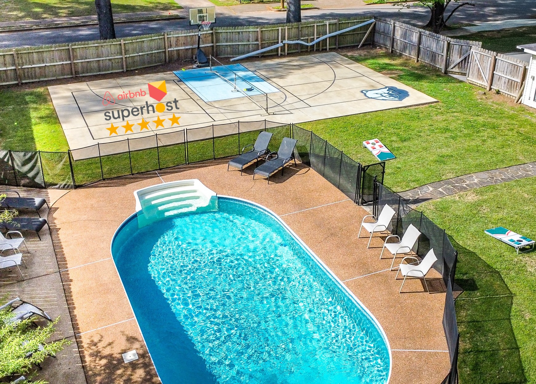 Pool, basketball + pickleball court