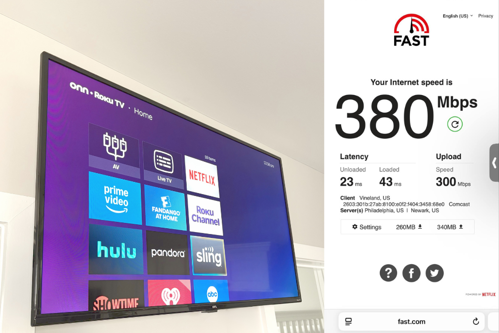 Wall-mounted smart TV with streaming apps and high-speed internet available. The setup supports smooth streaming, remote work, and easy access to entertainment throughout your stay.