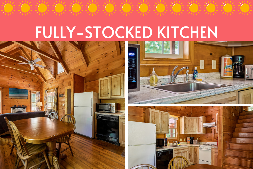 Fully-stocked kitchen with rustic charm—cook, sip, or snack in comfort.