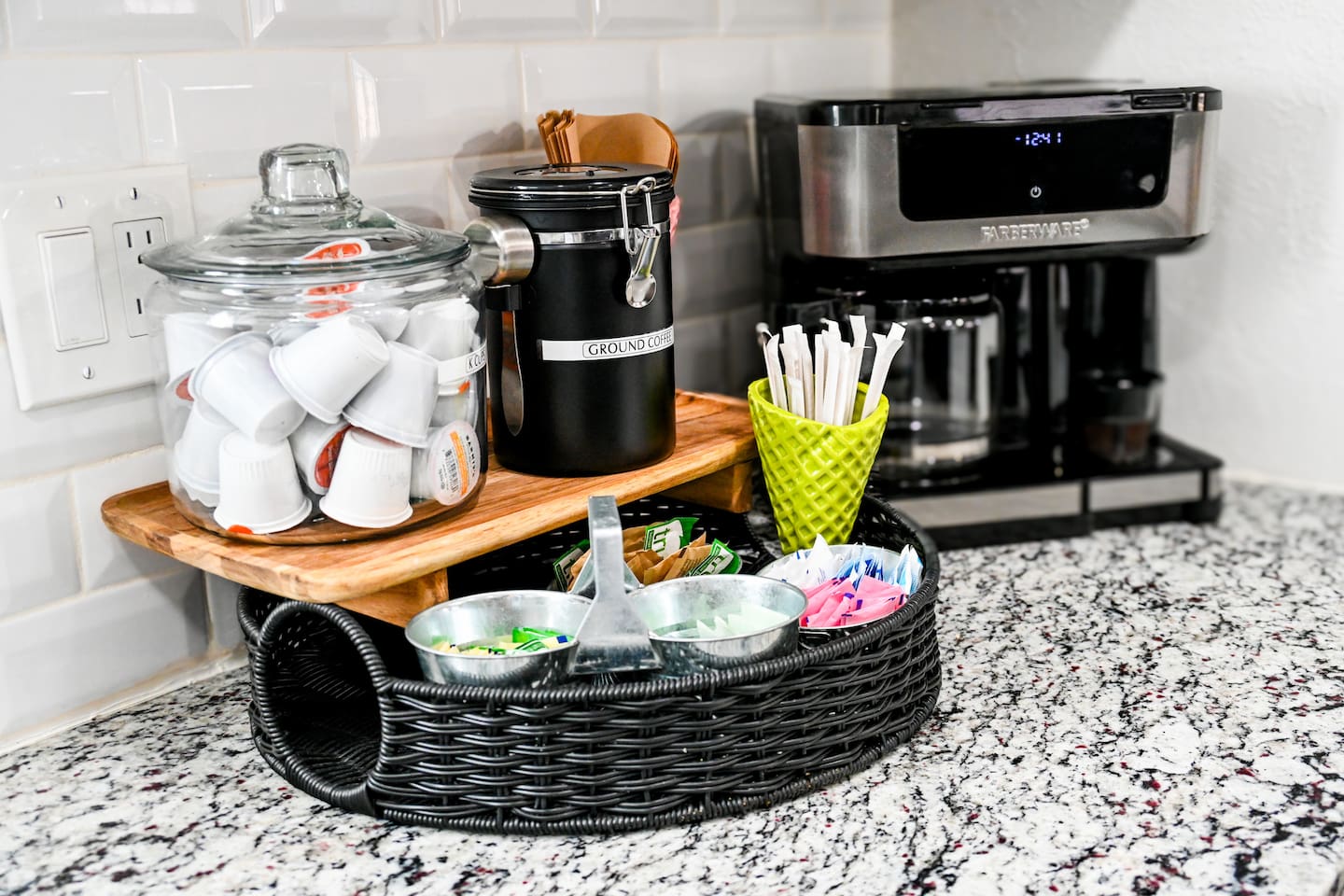 We’ve got coffee lovers covered! Enjoy a fully stocked coffee station with everything you need to start your mornings right!