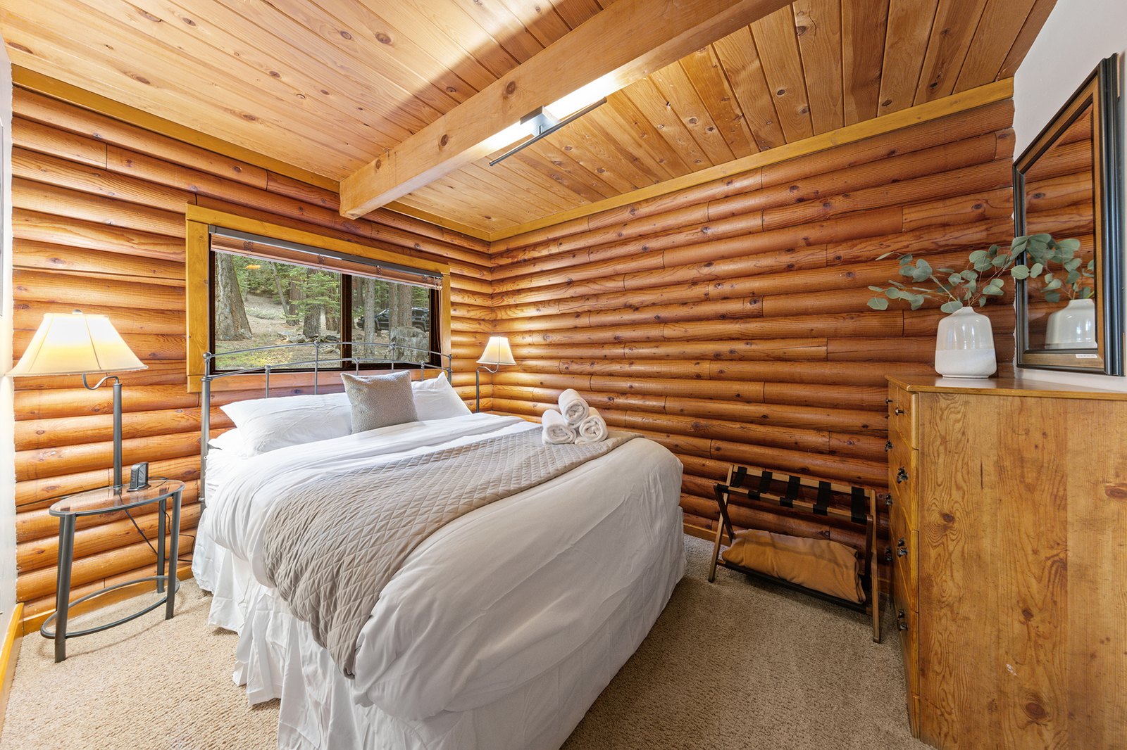 Settle into honest log construction — warm wood overhead and around you, the pines just past the window.