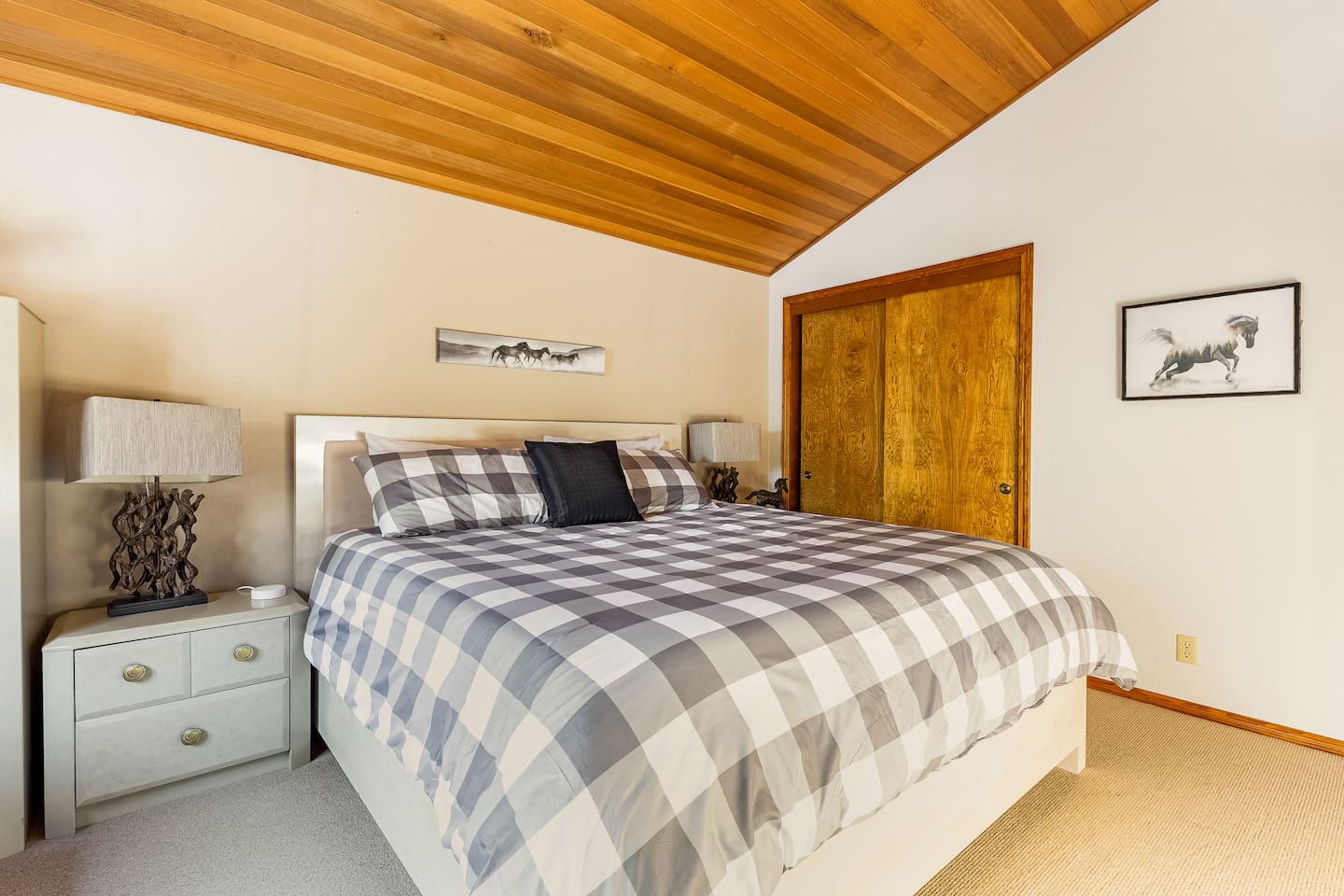 The third bedroom, "Horse Haven," located upstairs, features another king bed plus a twin bed, also highlights a 75" inch with Chromecast and a blu-ray player. 
