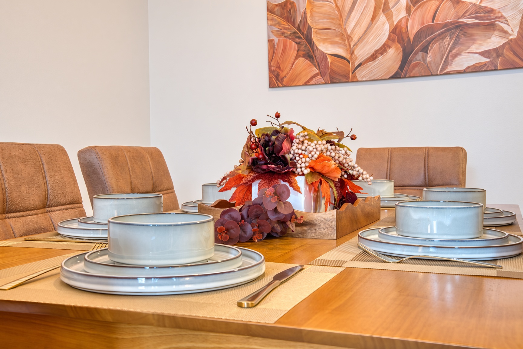 Dining table, seating for 6, complete with dinnerware and flatware. 