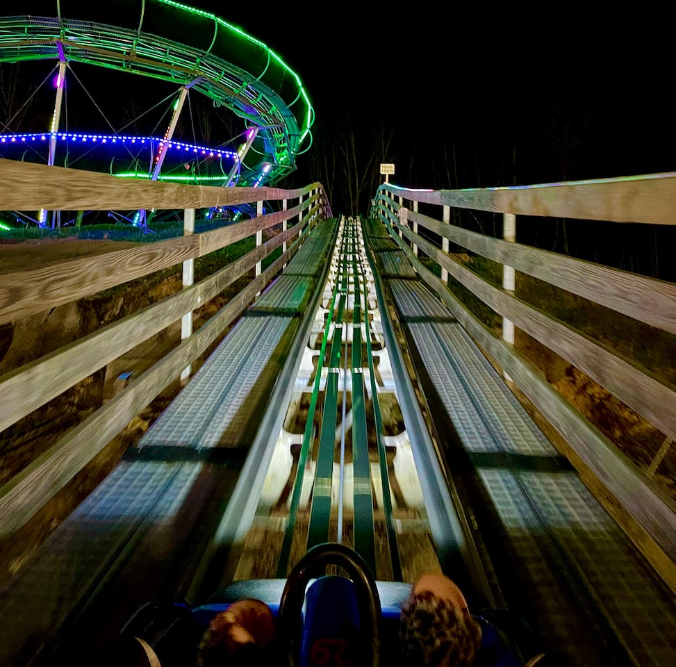 Night time Alpine Coaster rides are an extra thrill!