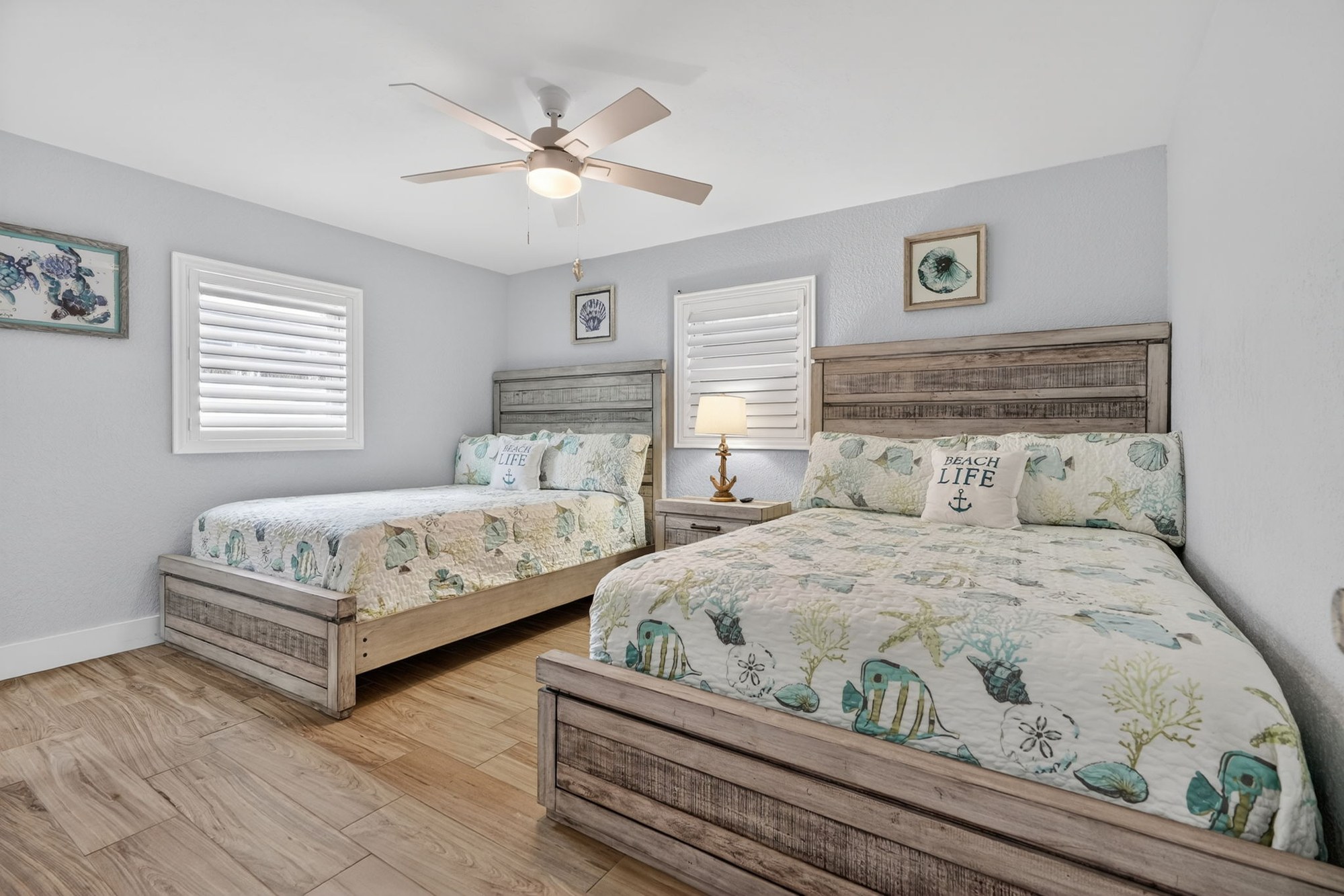 Bedroom with beach-themed bedspread