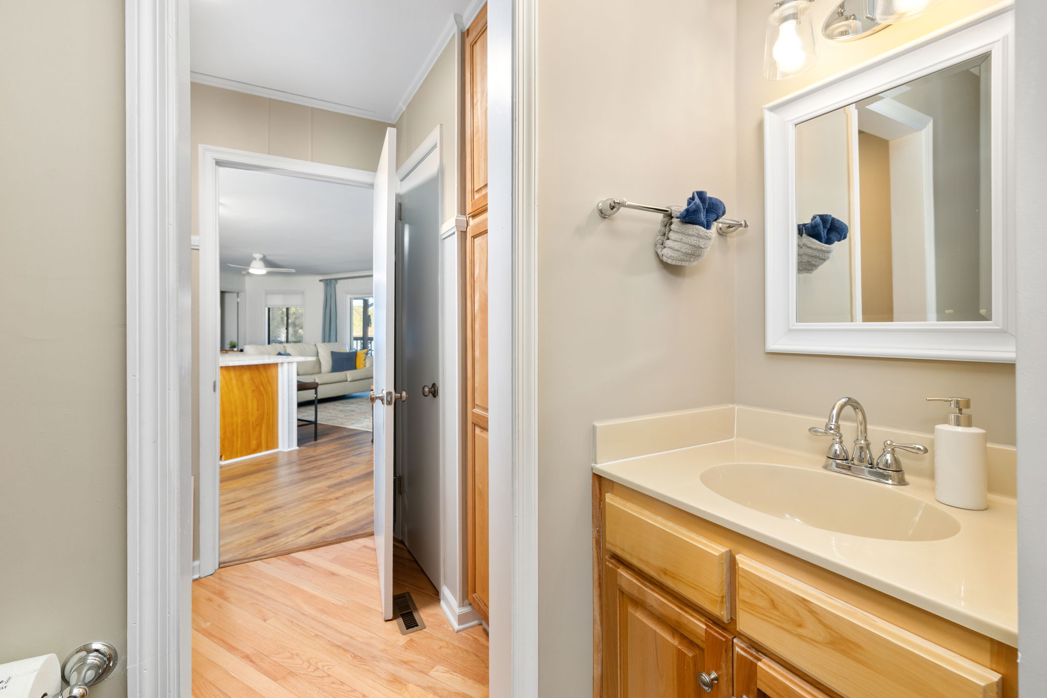 Bathroom Oasis: Bright space with elegant fixtures and easy access to the living area!