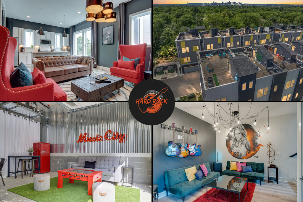 Bright lounge opening to a chef’s kitchen for coffee & cocktails; rooftop row for skyline sunsets; game-room garage for ping pong & laughs; studio den with guitars + mural for epic photos.