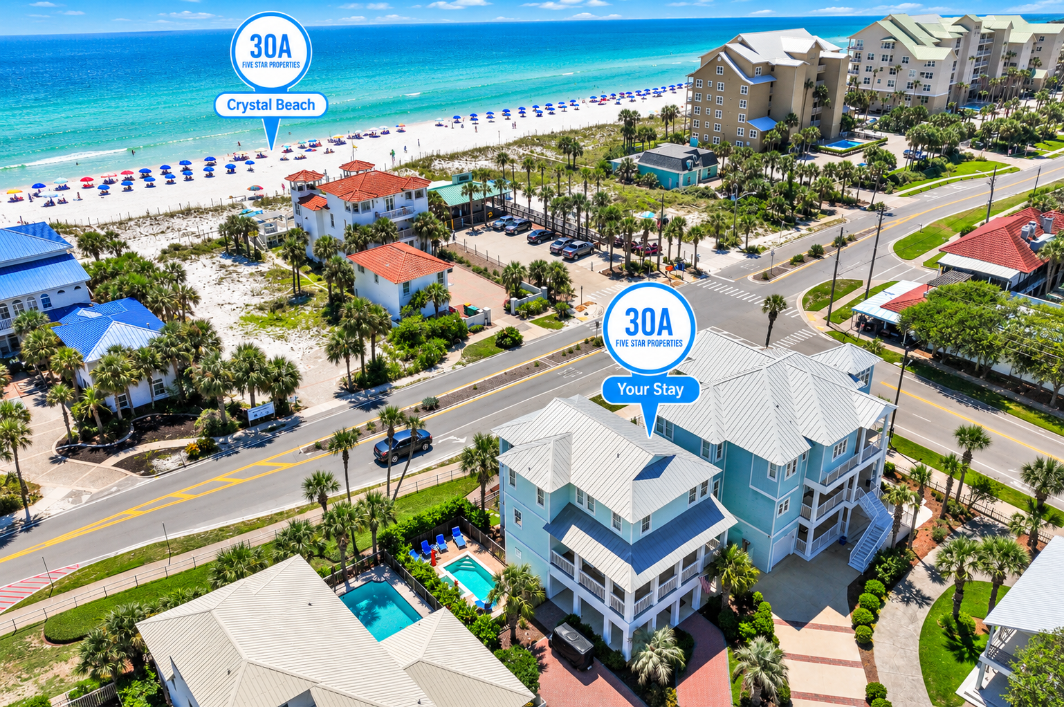 Crystal Beach just steps away, with your 30A vacation home perfectly positioned nearby. 🌊🏡