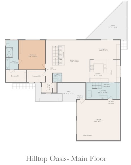 Hilltop Oasis's main floor plan. The main floor connects with The Oasis Abingdon with an internal stairwell (by fireplace).