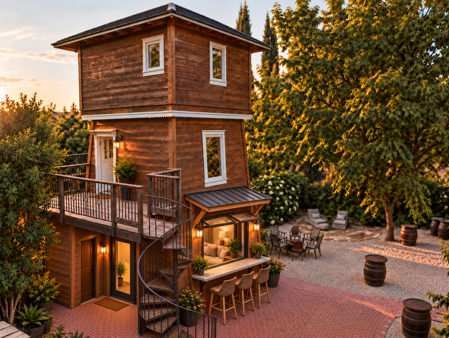 Rising above the courtyard, the original 1882 water tower once held the property’s water tank. It is currently undergoing a renovation and so not a part of the rental, but soon! (Note: photo is a rendering.) 
