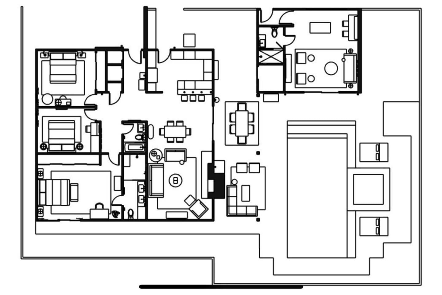 Indoor and outdoor floor plan - not all furniture is exact.