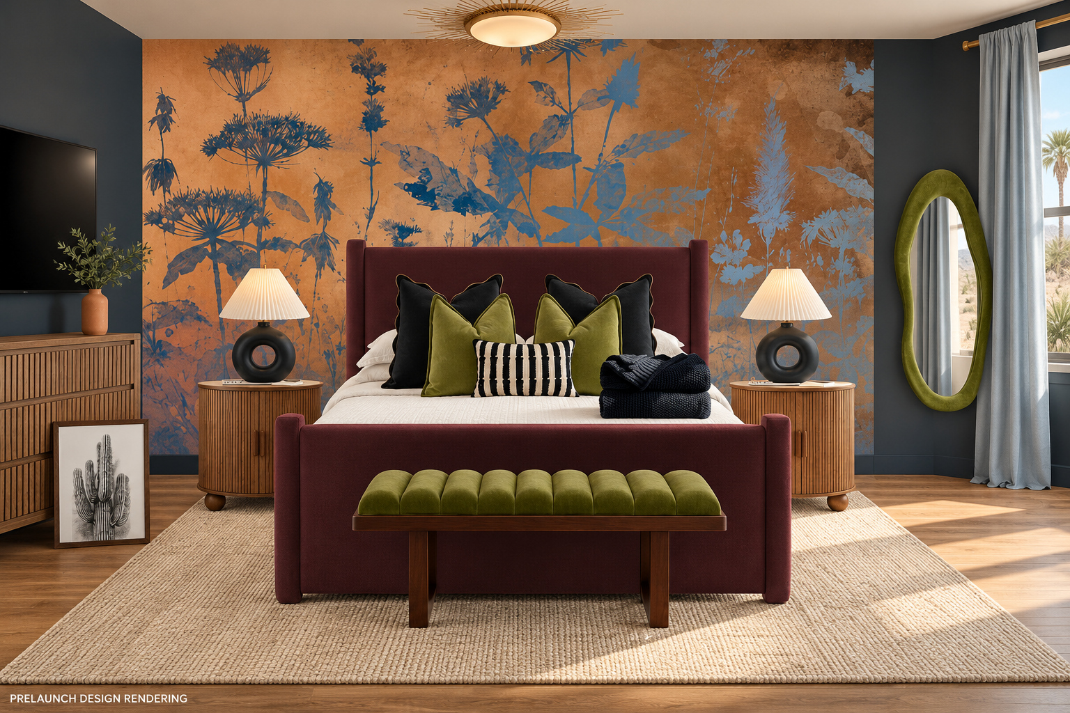 {Bedroom 5} Retreat to rich merlot, olive accents, and a striking botanical backdrop. This inviting King bedroom is made for quiet mornings together before another day of Scottsdale adventures.