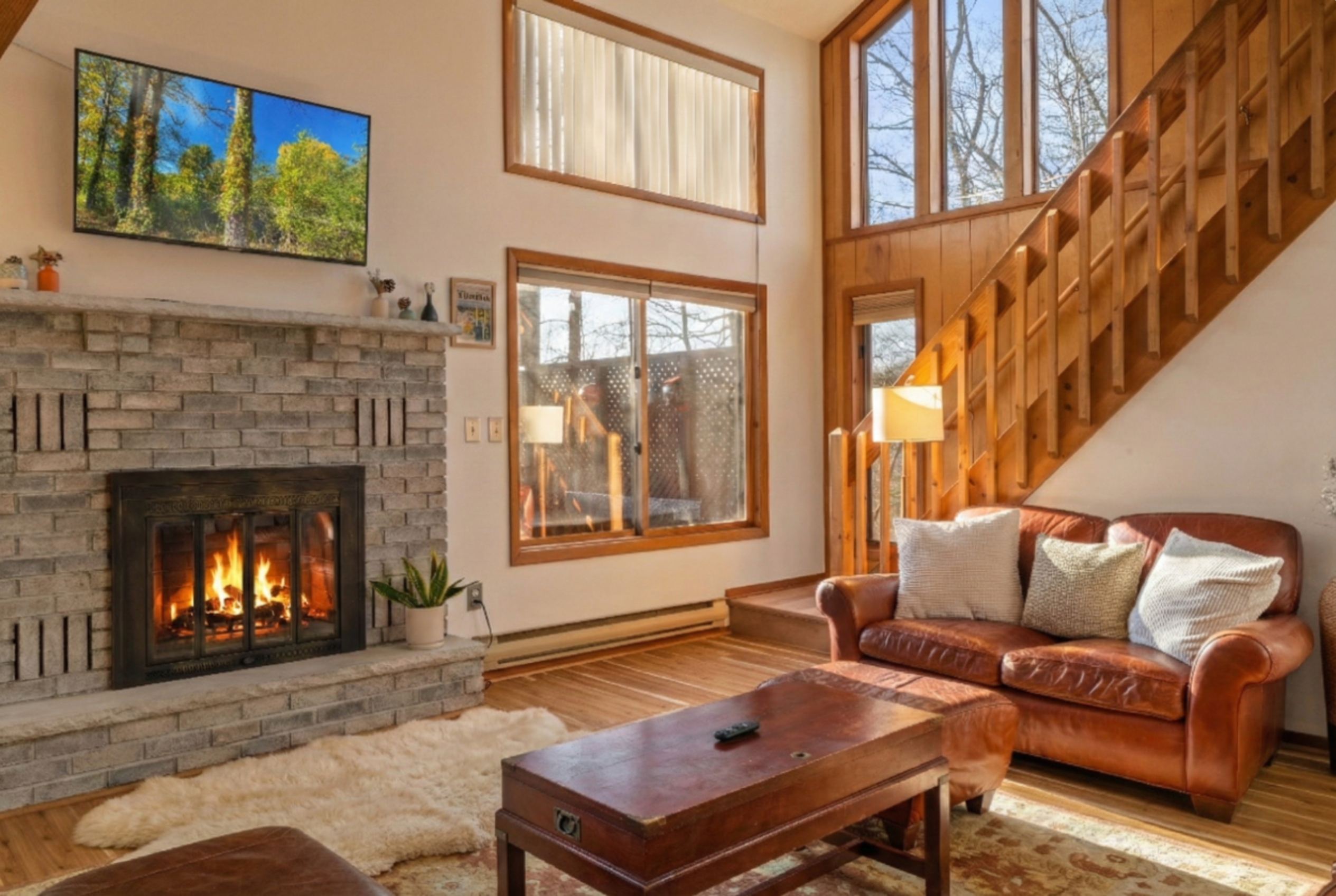 Leather couches, soft rug, warm fire, netflix movies