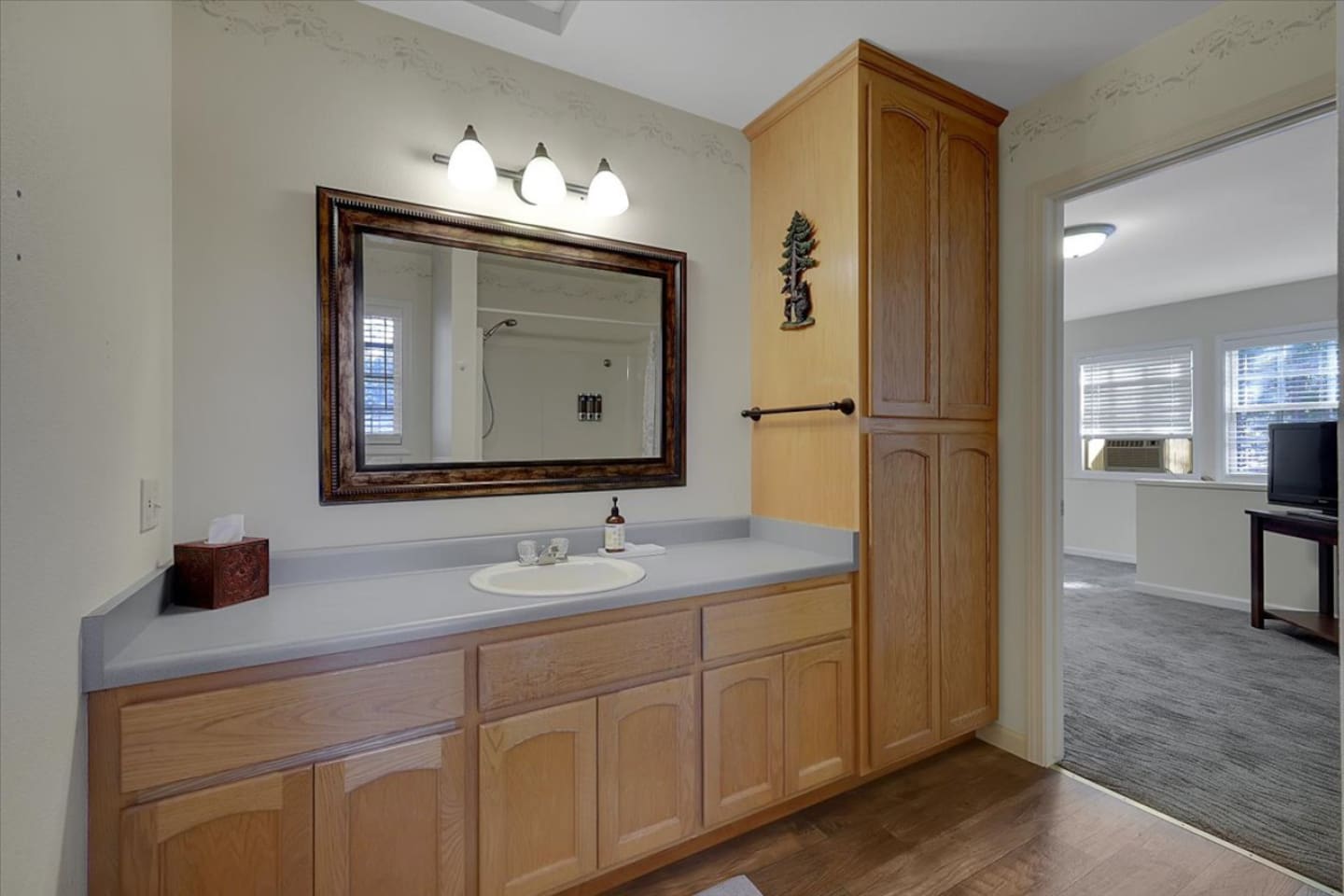 Full Bathroom 3 with vanity storage, a large mirror, and easy access from the nearby common area.
