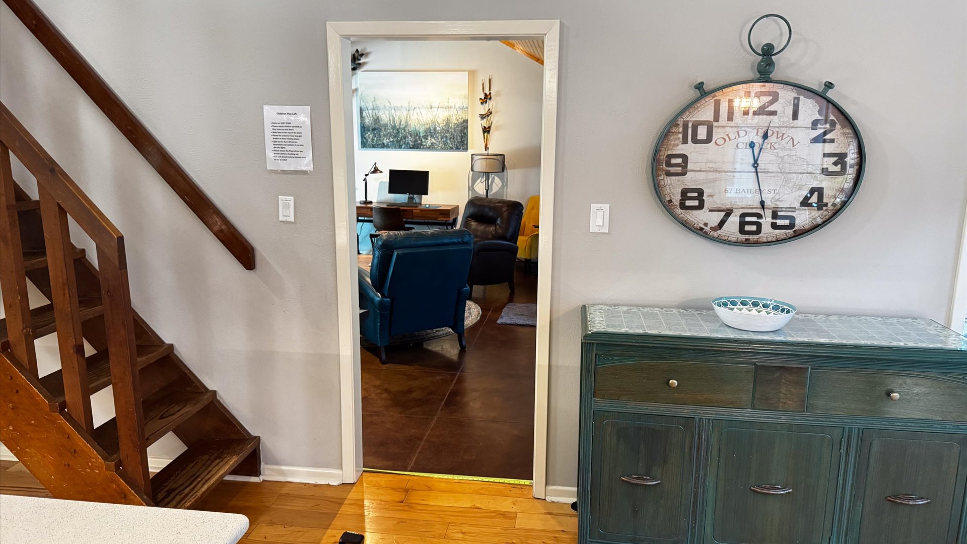 Doorway from Kitchen/Dining area looking into the Lobby Area.
