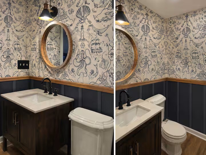 Second-floor powder room near the loft and deck, with stylish wallpaper, warm accents and convenient access.