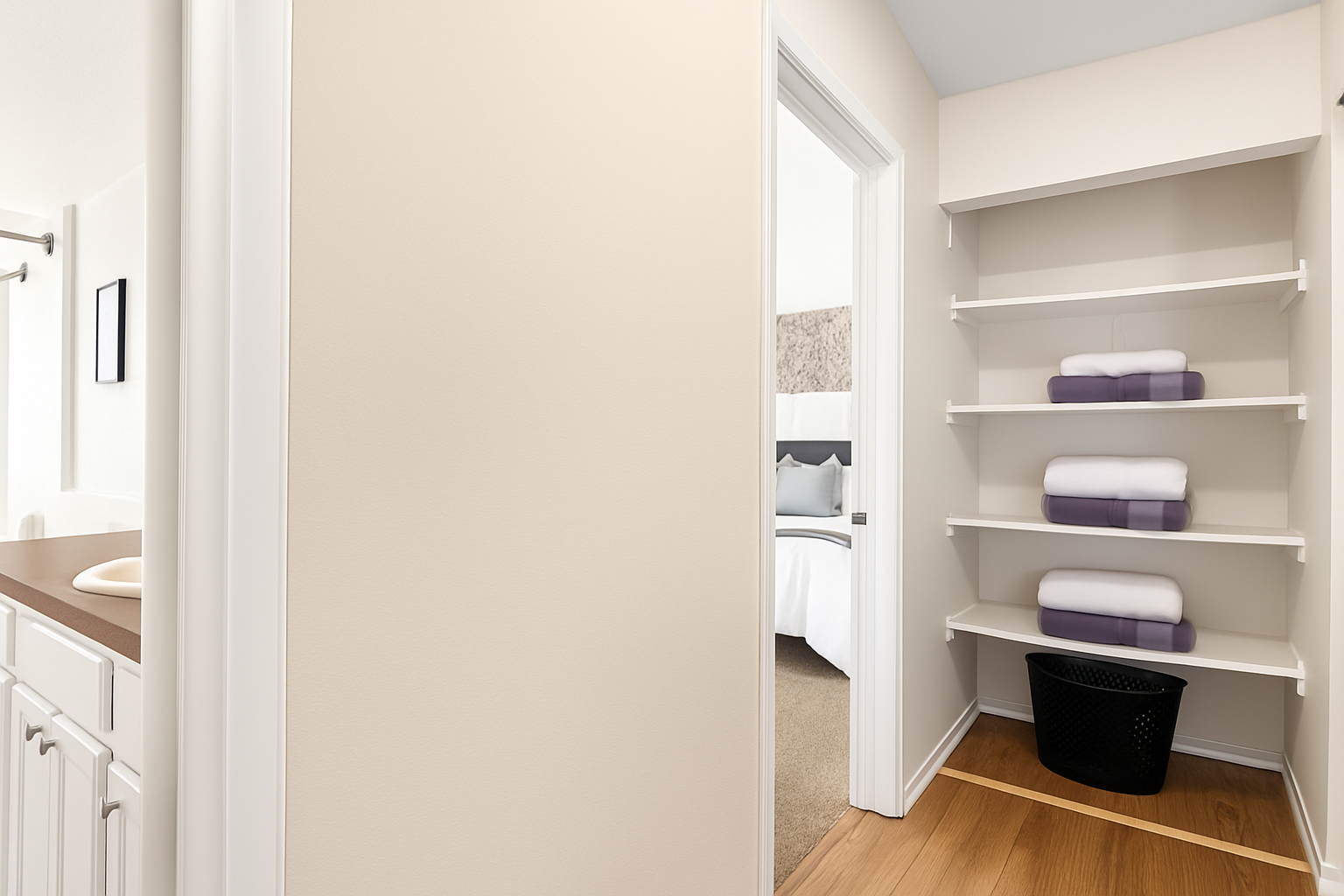Spacious closet with shelving to keep your belongings organized during your stay.