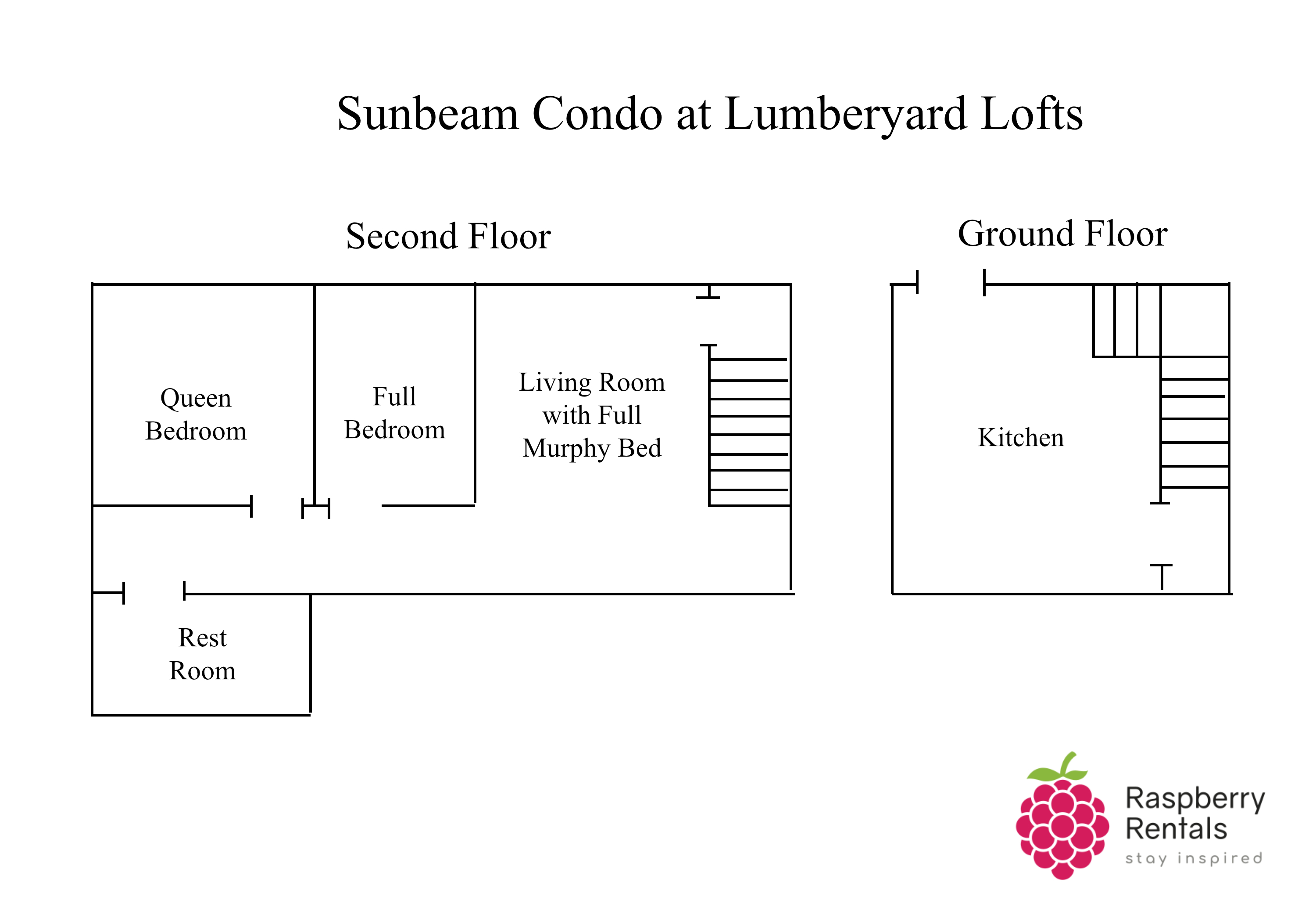 Floorplan for Sunbeam Condo showing entry into a ground floor kitchen, then up a flight of stairs to the living room with full Murphy Bed, then a full bedroom then a queen bedroom and rest room.
