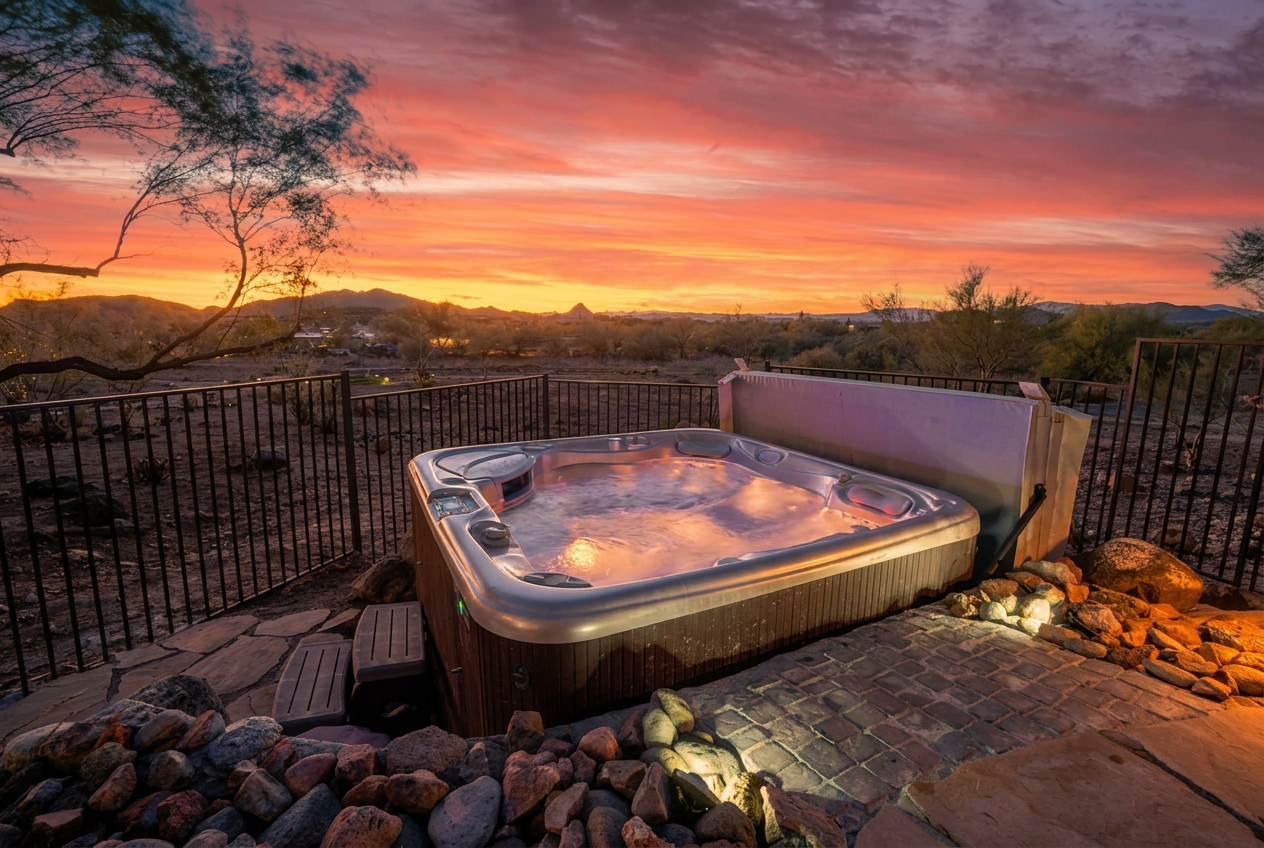 The hot tub at Sunset Trails is surrounded by mountain views and desert landscape making the perfect spot to rejuvenate and just soak up Mother Nature