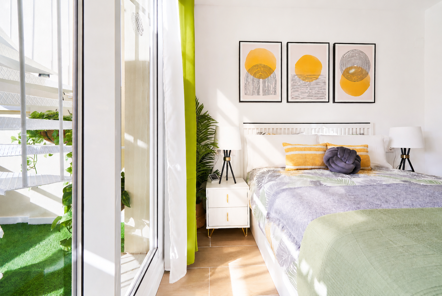 Bright and elegant master bedroom with a private terrace, walk-in wardrobe, and a serene atmosphere designed for restful nights.