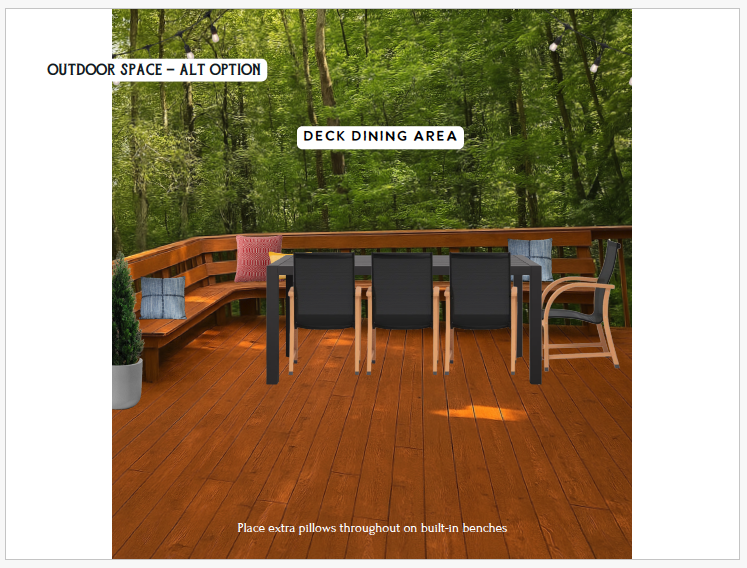 Outdoor dining setup on the deck, ready for meals enjoyed in the fresh air.