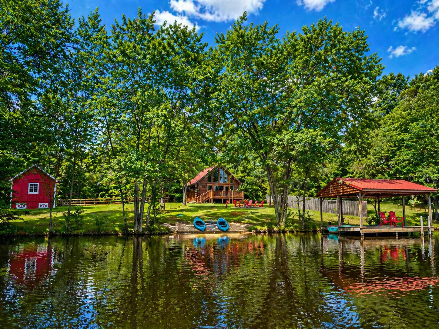 View of Cabin from the Lake. Farm Store on the left.