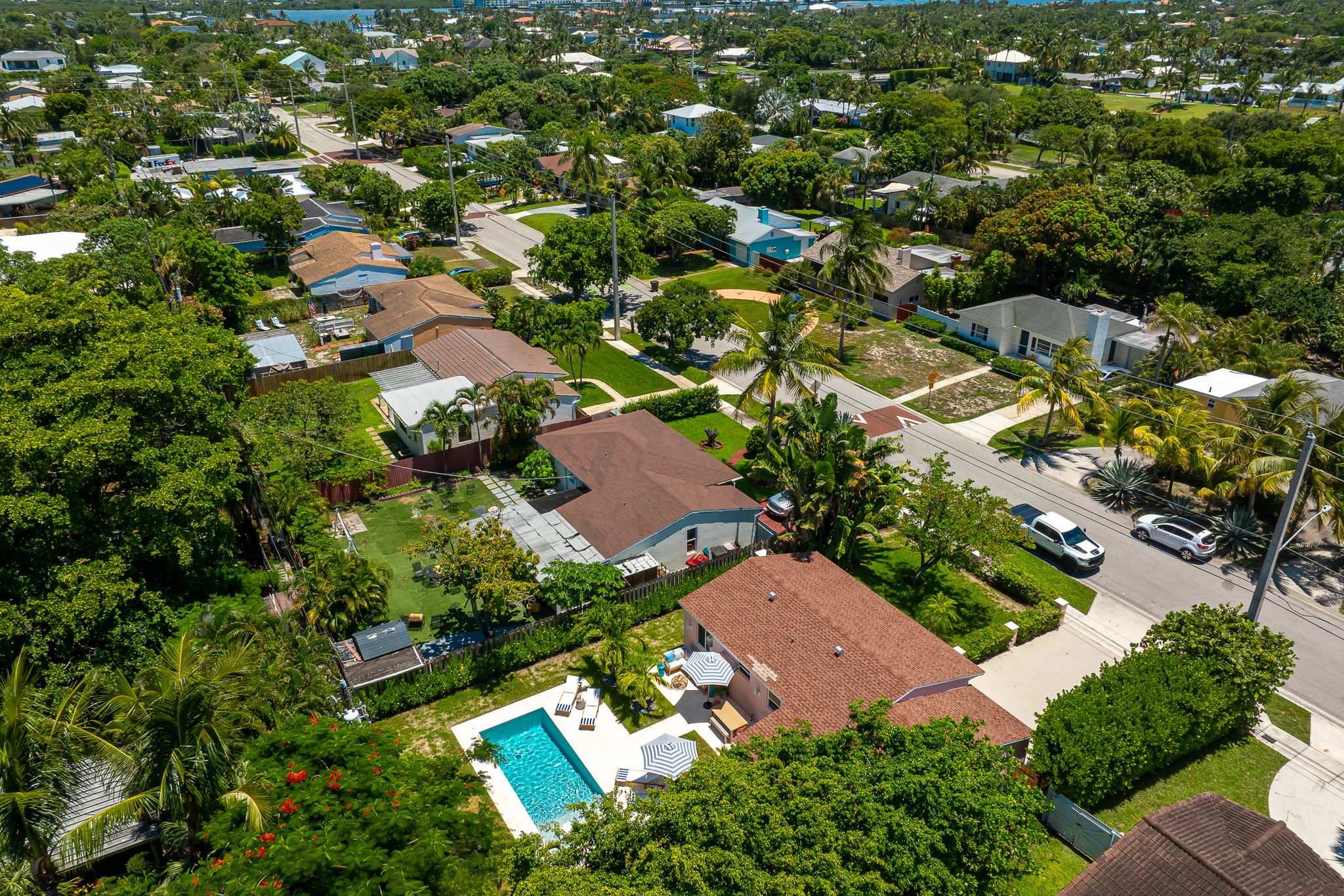 Aerial views of this SoSo West Palm Beach gem, nestled in a safe, family-friendly neighborhood just minutes from top beaches, dining, and amenities.