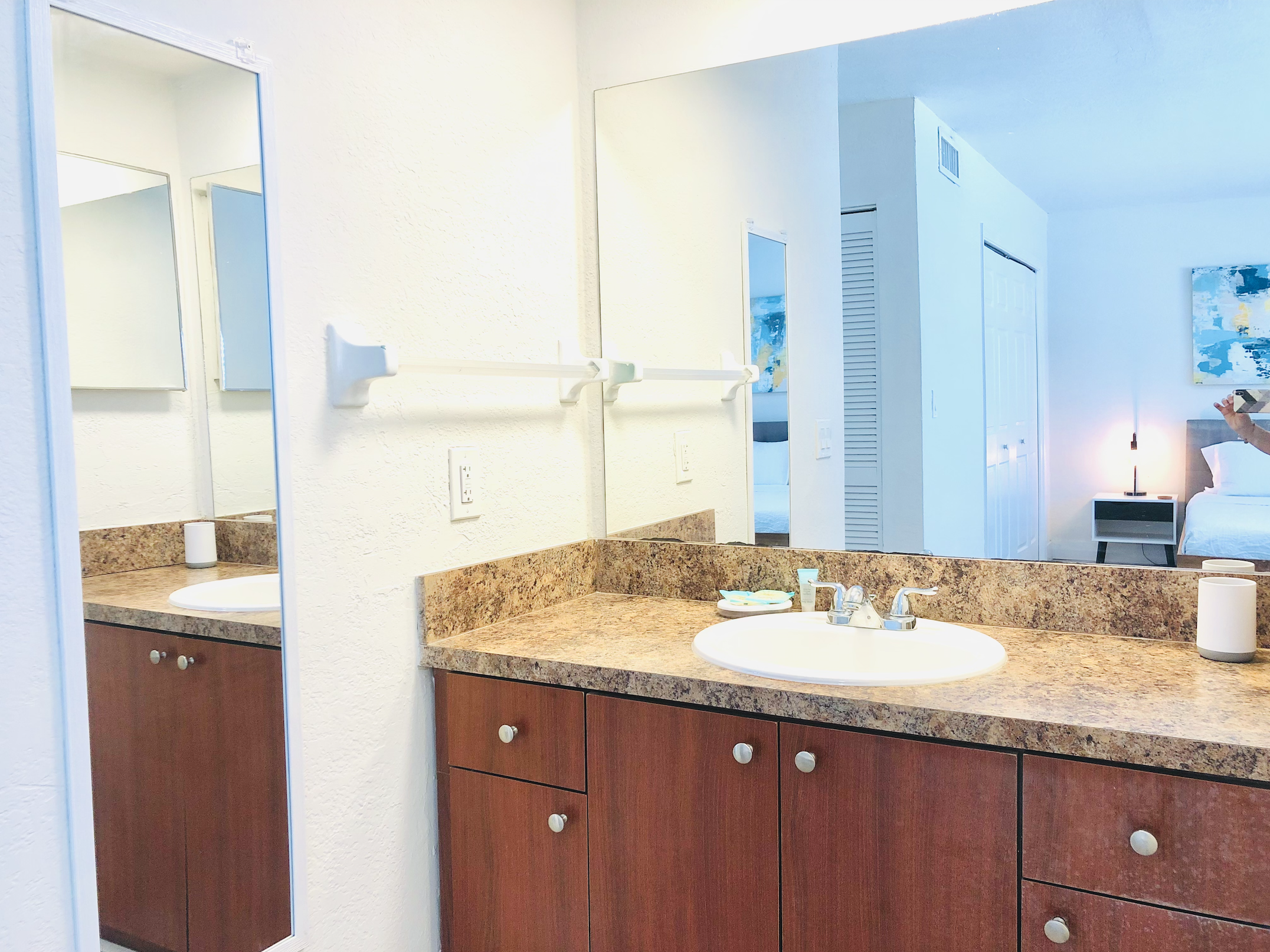 Featuring a convenient exterior sink with full stocked bath products.