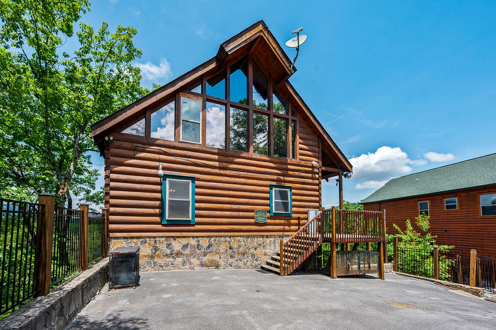 Exterior view of our spacious three-level log cabin
