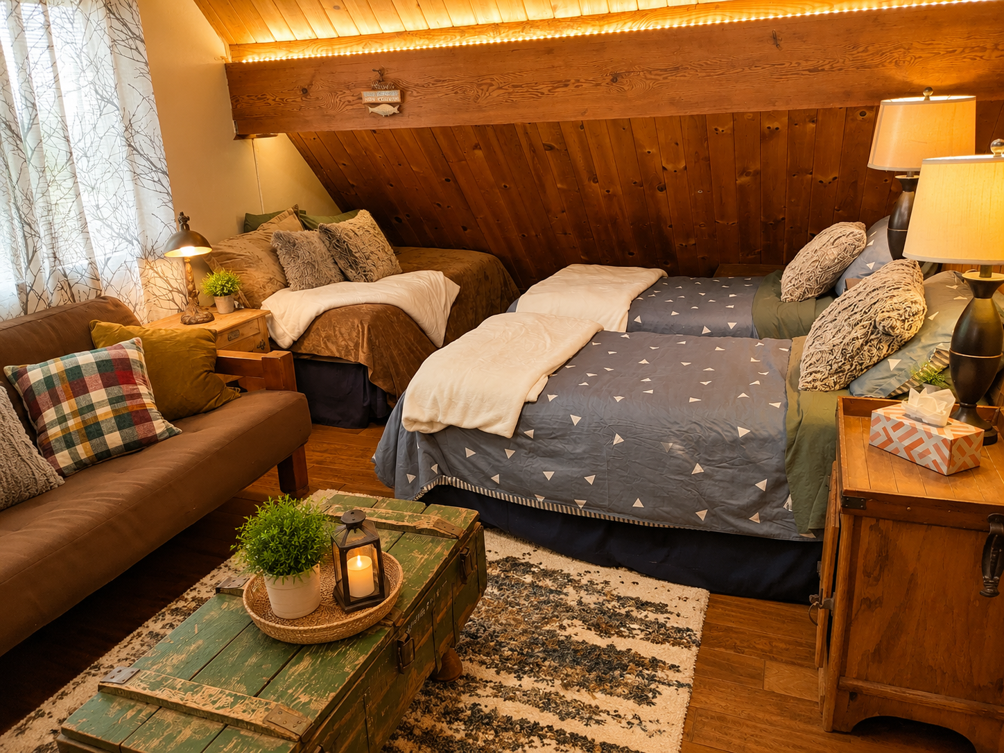The upstairs loft area has plenty of sleeping space for a larger group as well as separate living space with couch, coffee table, bean bag chairs and tv.
