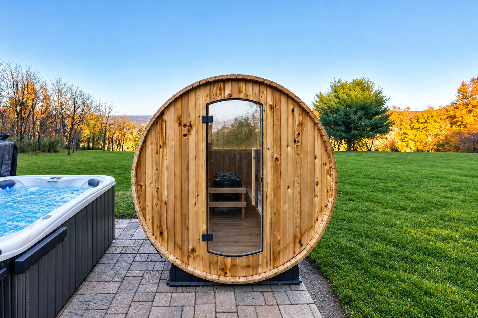 Barrel sauna with glass door beside hot tub