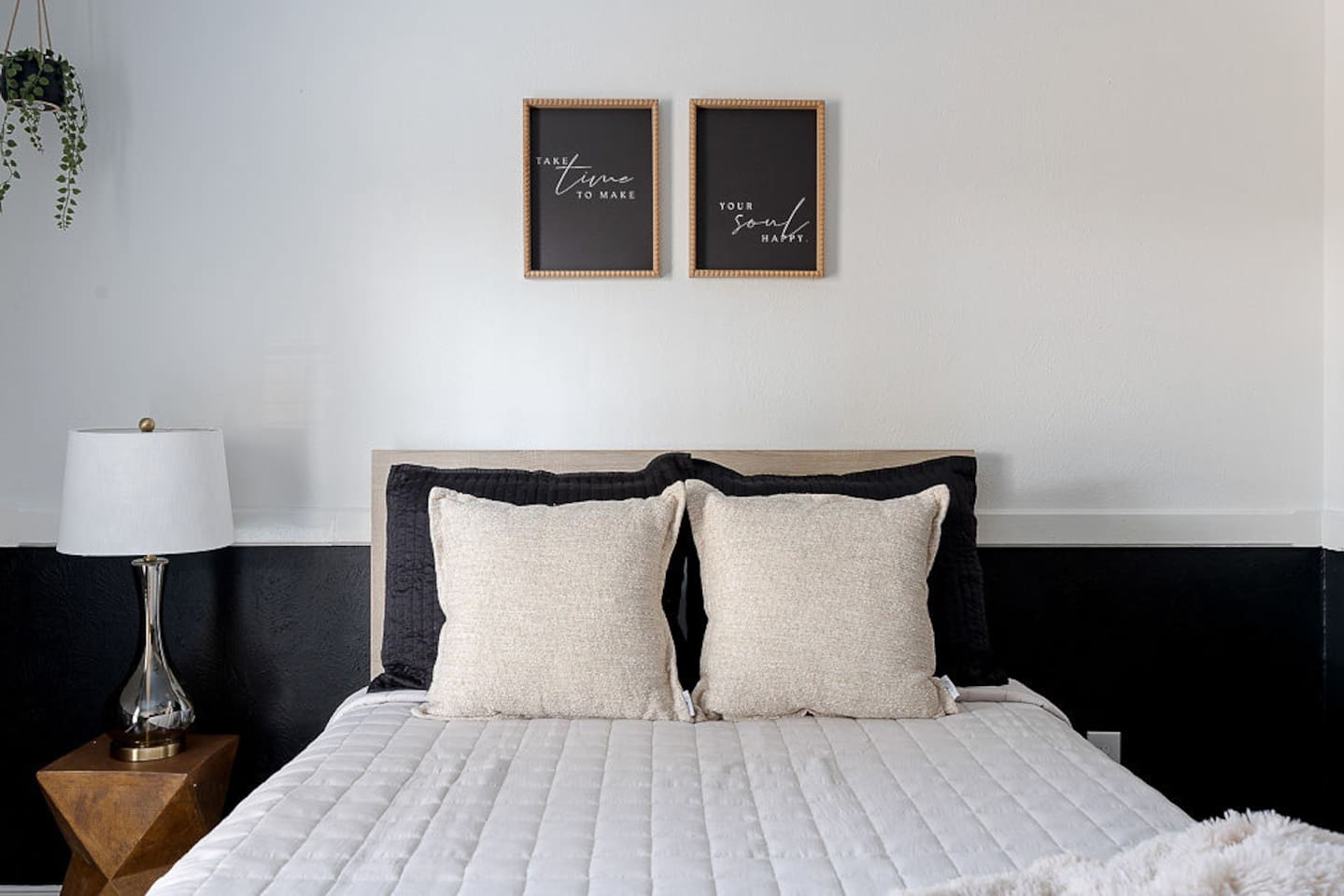 Enjoy this serene bedroom with a queen-size bed, nightstand, lamp and personal TV for your ultimate relaxation