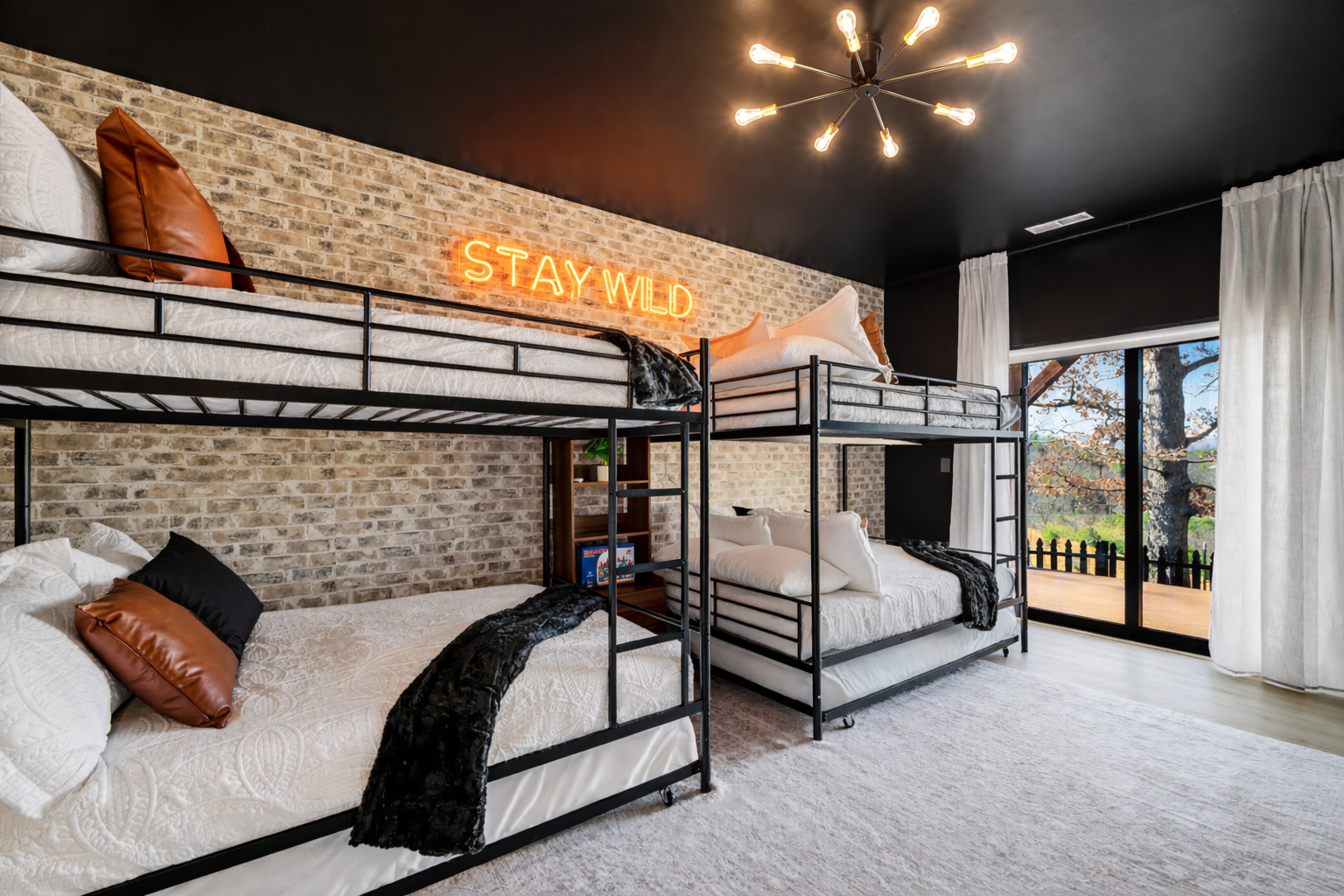 {Bunk Room}
Built for the whole group — 4 full-over-full bunks plus 2 twin trundles create a fun, comfortable space where everyone has a spot and the energy stays high.