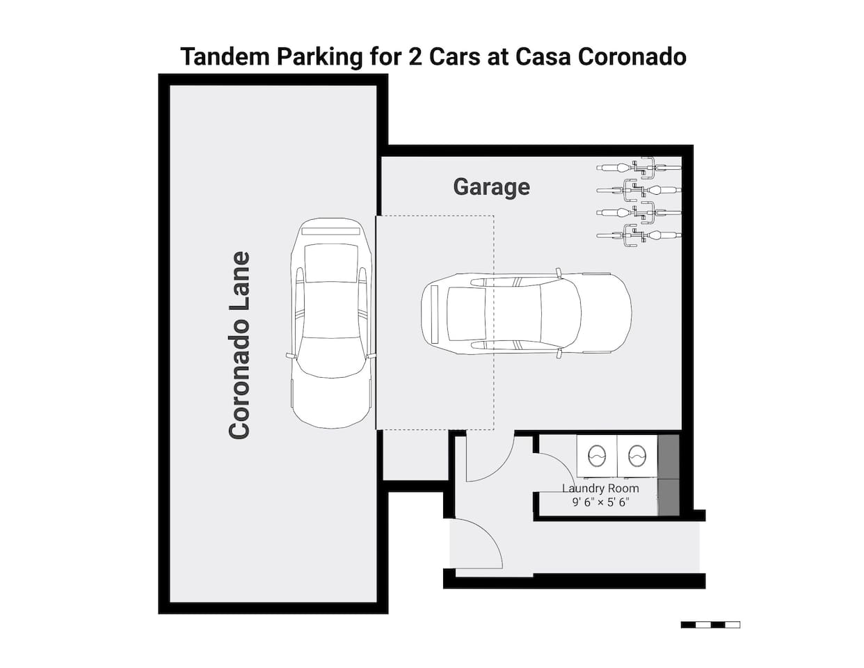 Here is the layout of the first floor and garage that shows how you can park two cars if necessary.