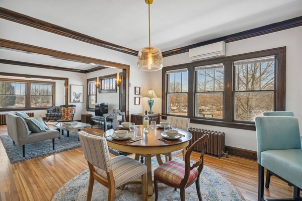 Dining room table overlooking living room.