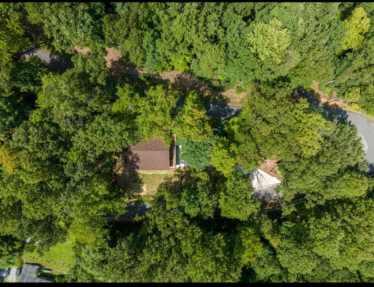 Upper view drone footage of the cabin  