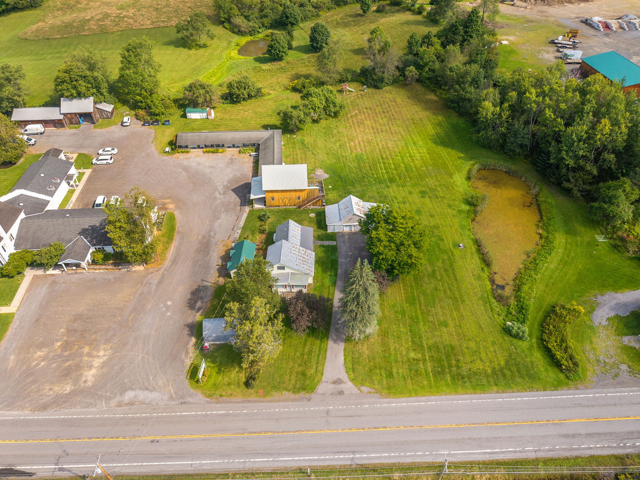 An overhead look at the shared pond and neighboring 1825 rentals.