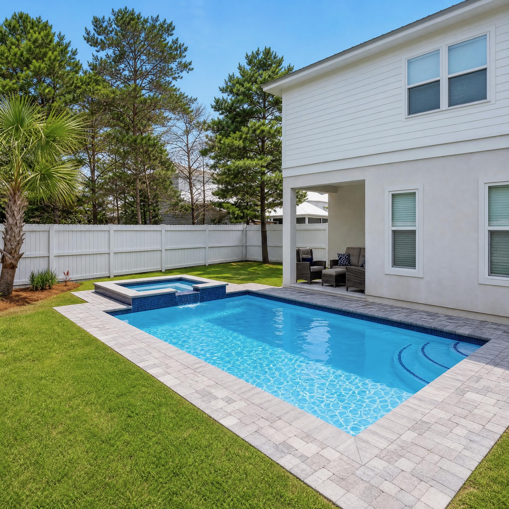 This image is a conceptual rendering provided by the construction company to illustrate the planned pool and spa. The completed project is anticipated before Spring 2027, and final details may differ slightly from this rendering.