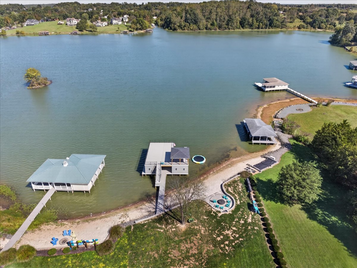Sweeping aerial view of the property’s shoreline and wide-open Lake Anna setting.