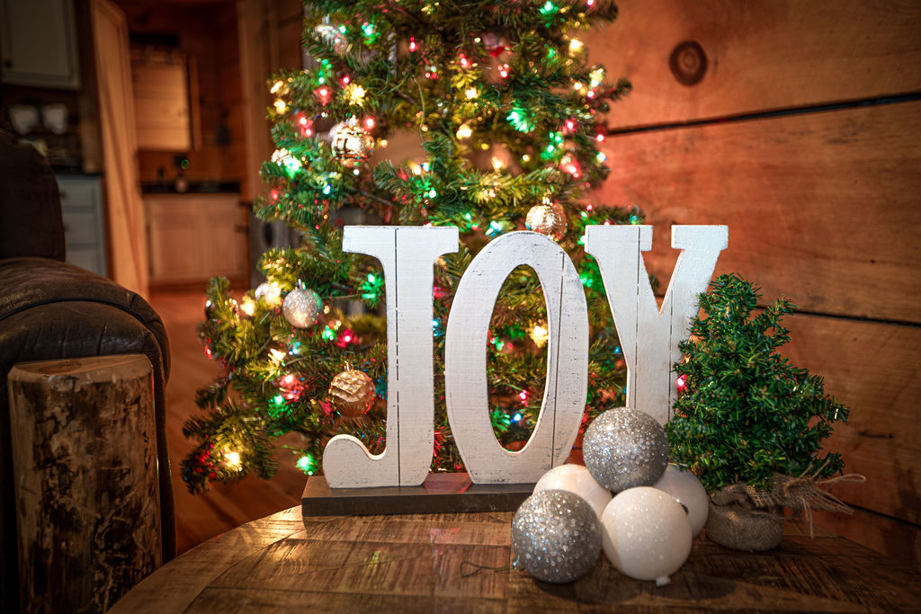 The living room is decorated to bring you holiday joy.