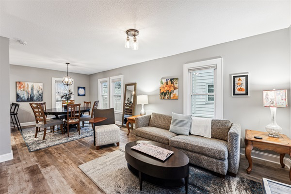 Open concept living room into dining room