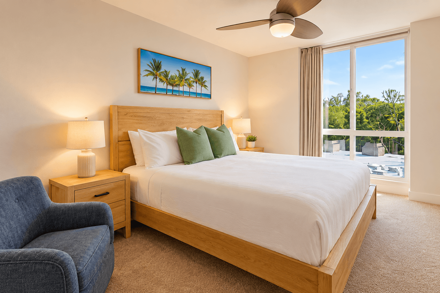 King-size bed with white water view and 50-inch Smart TV