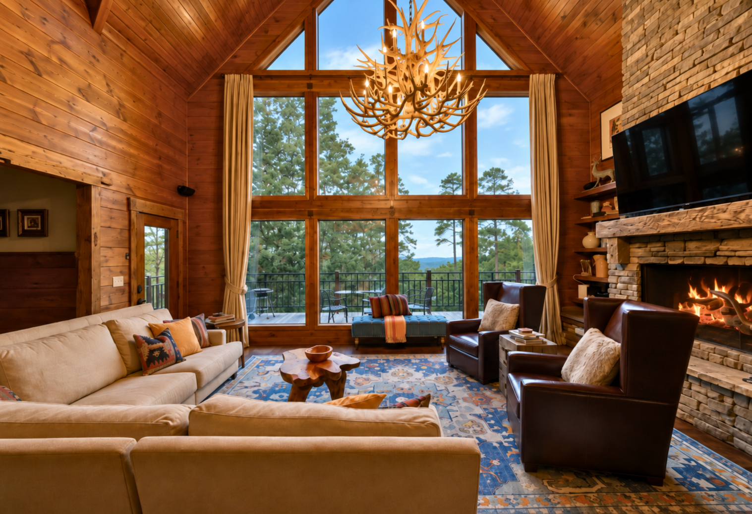 Gather by the fireplace beneath soaring ceilings and woodland views.