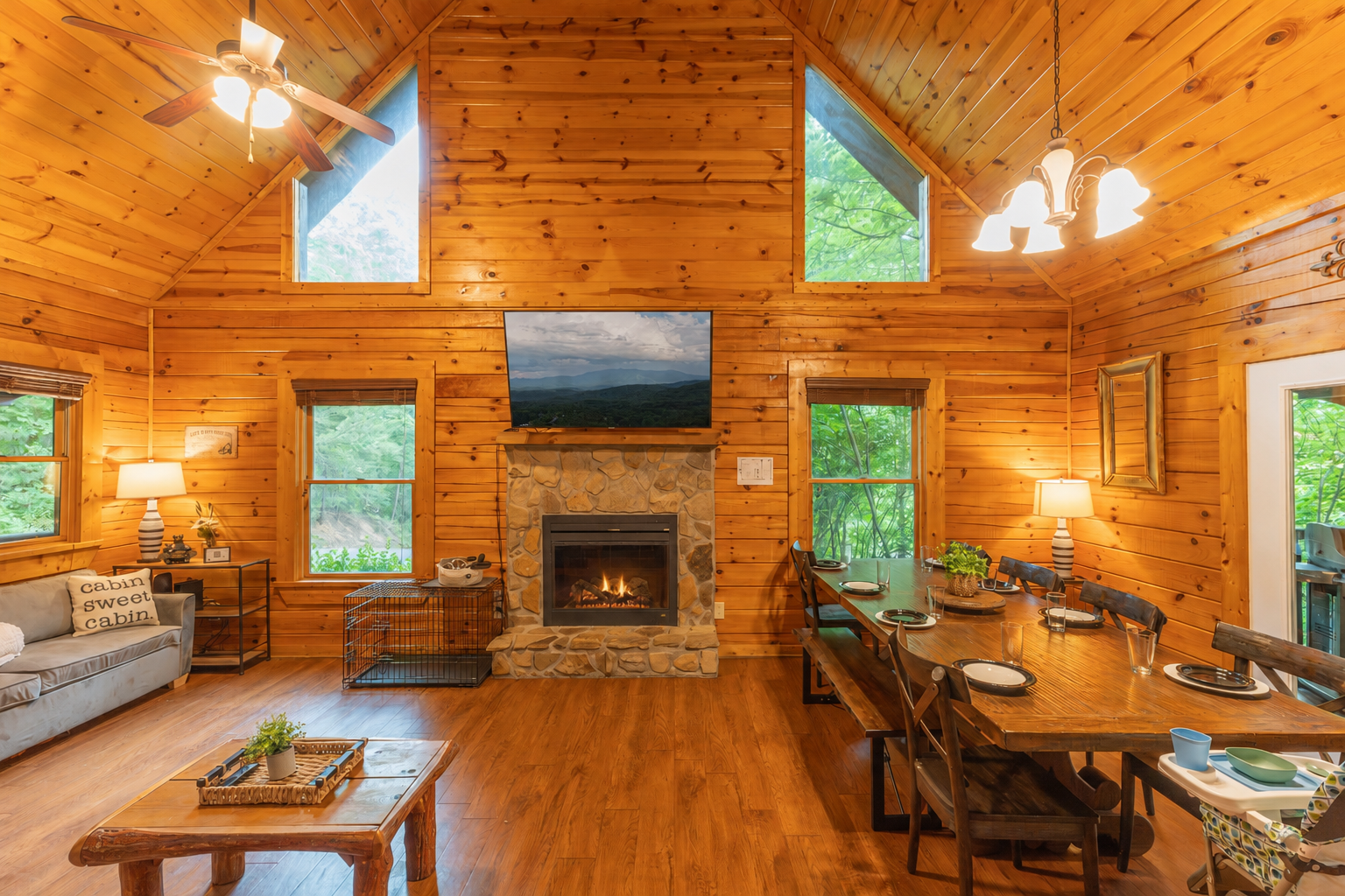 Relax by the fireplace in the cozy family room.