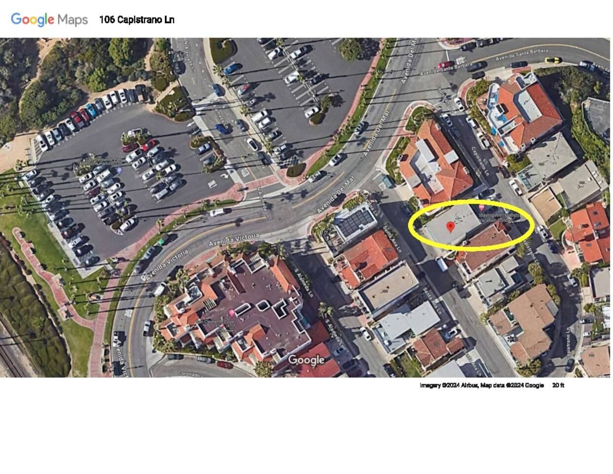 This photo shows the green areas where guests walk their dogs.  The Condos are located at 106 Capistrano Ln.  San Clemente, CA  92672 shown by yellow oval.