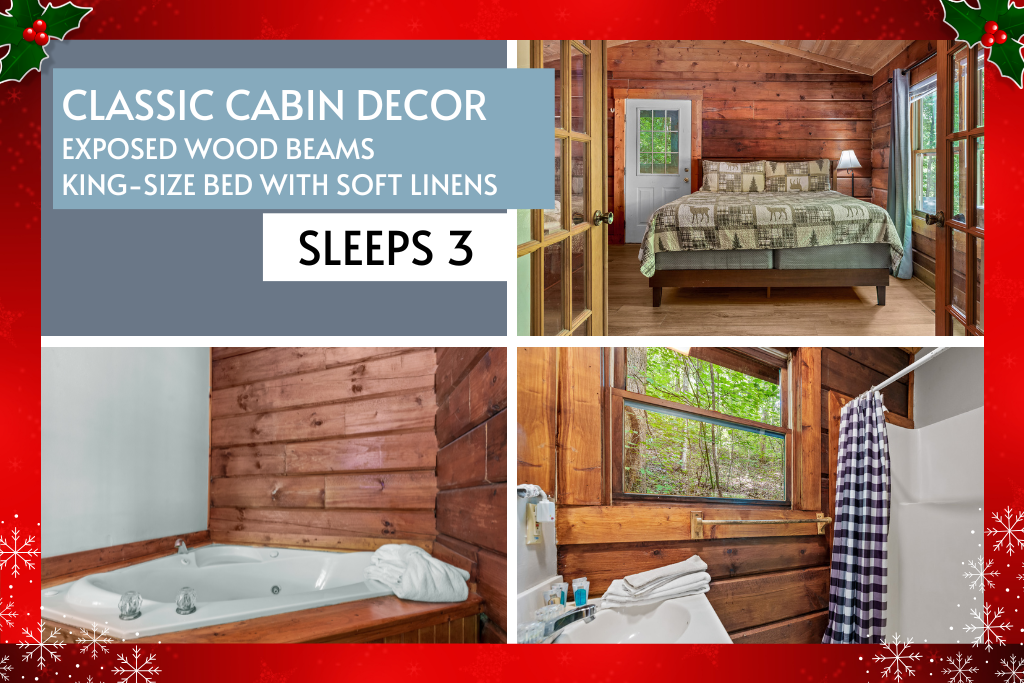 Classic cabin vibes with exposed beams, comfy bedding, and cozy corners.
