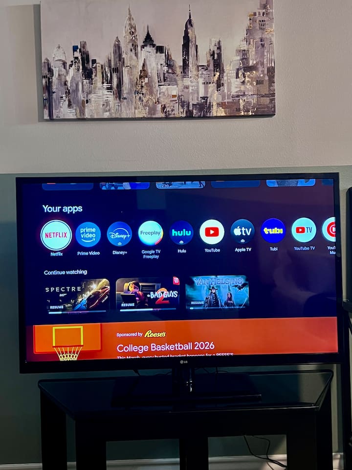 Smart TV with streaming apps available for easy movie nights or downtime.