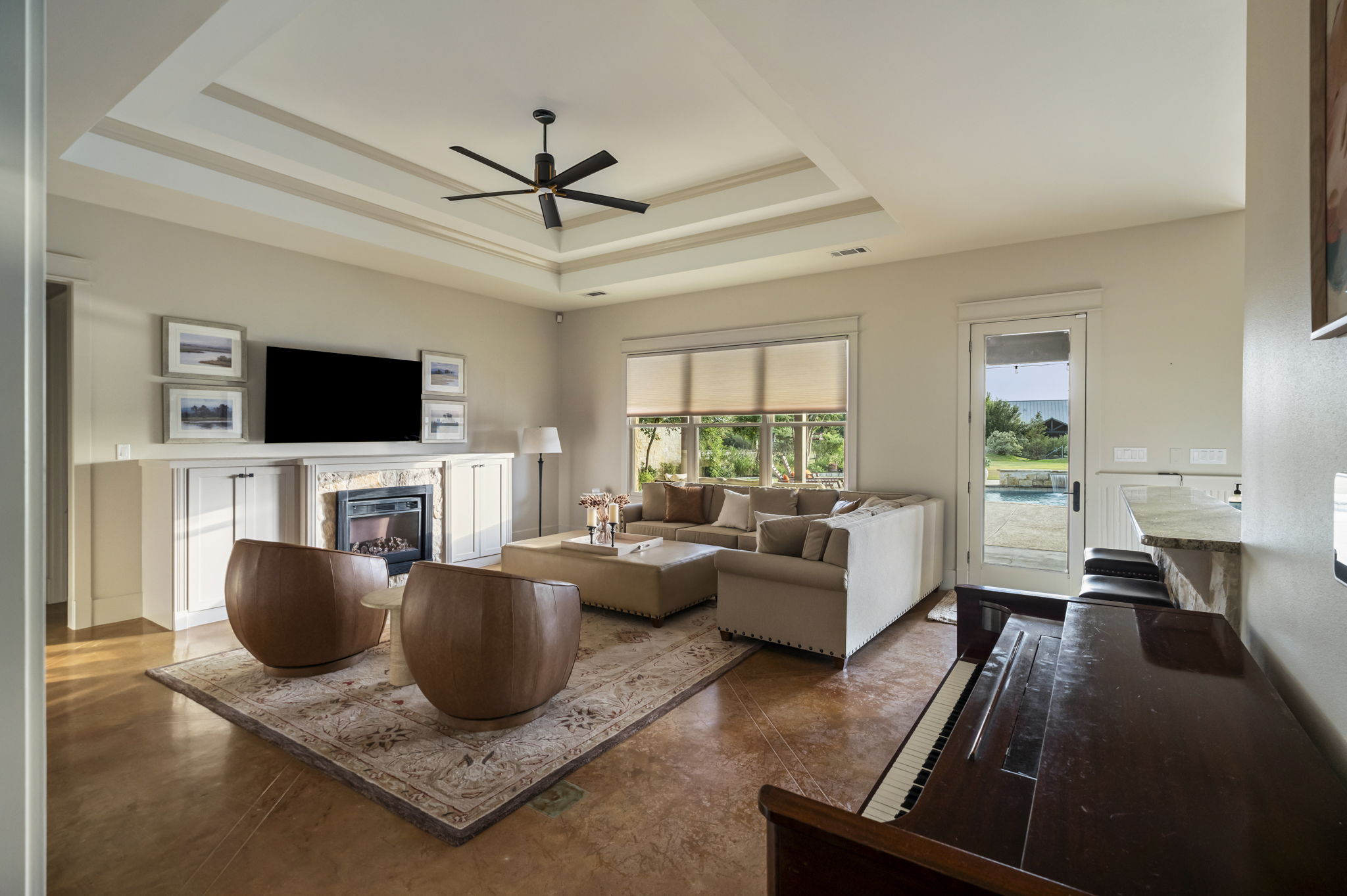 A ceiling fan keeps the space comfortable.