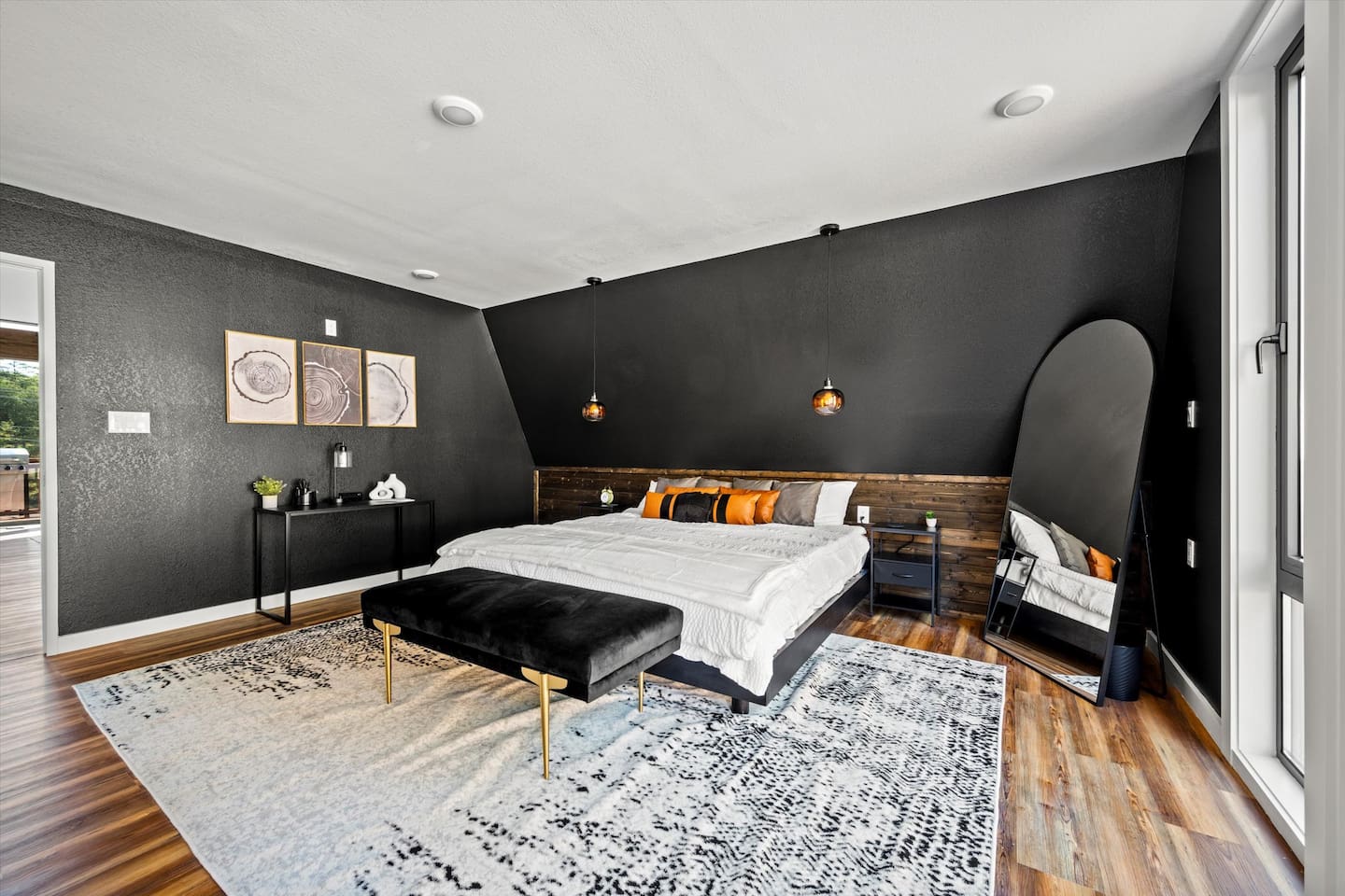 Drift into sleep in a minimalist bedroom with golden glow lights.