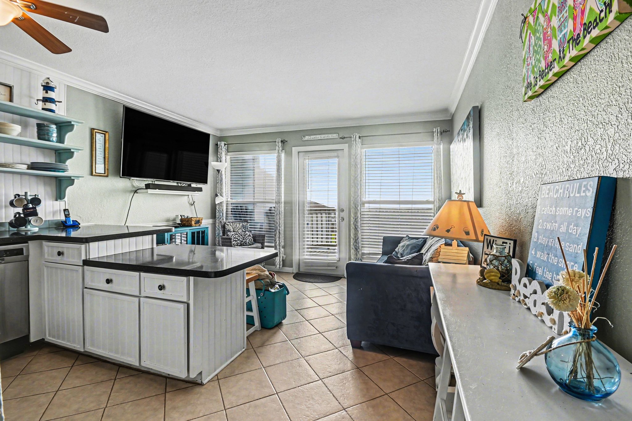 Living room with view of beach